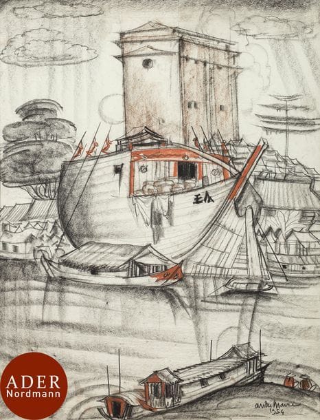 André MAIRE (1898-1984)
Indochine, bateau au port, 1954
Fusain et sanguine.
Signé et daté en bas à droite.
64 x 48 cm