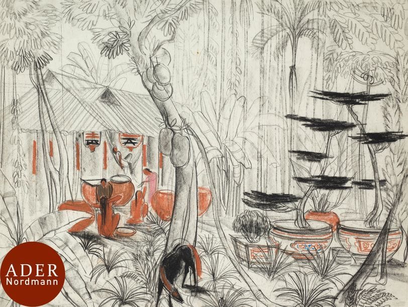 André MAIRE (1898-1984)
Indochine, scène familiale
Fusain et sanguine.
Non signée.
48 x 64 cm