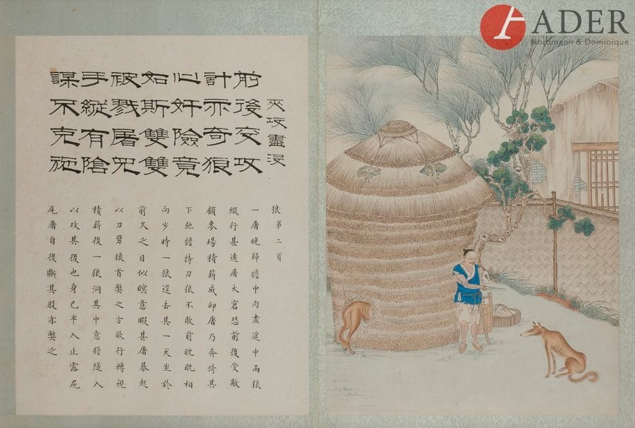 CHINE - XIXe siècle
Ensemble de deux pages de l’album « Liao Zhai Tu Shuo », encre et couleurs sur papier, représentant des scènes du recueil de contes Liao Zhai Zhi Yi. (Contes extraordinaires du pavillon du loisir). (Taches).
Dim. à vue : 49.5 x 71 cm ; encadrées sous verre.
