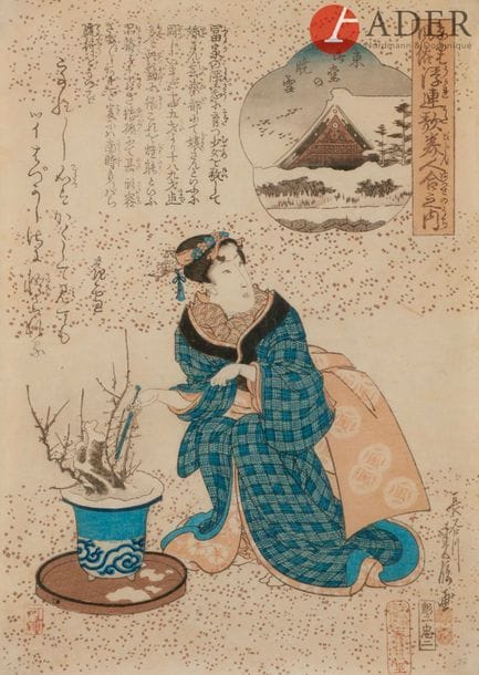 Deux oban tate-e, femme assise mesurant du tissu et femme assise coupant les branches d’un bonsaï par Fusatane ; et un chuban yoko-e du Tokaido par Hiroshige, hommes sur des barques naviguant sous le pont. 
Dim. : 24,7 x 18 cm ; 24,4 x 18,2 cm ; 15,4 x 21 cm ; encadrées sous verre.

Provenance : 
Vente Ader Picard Tajan le 28 et 29 novembre 1988.