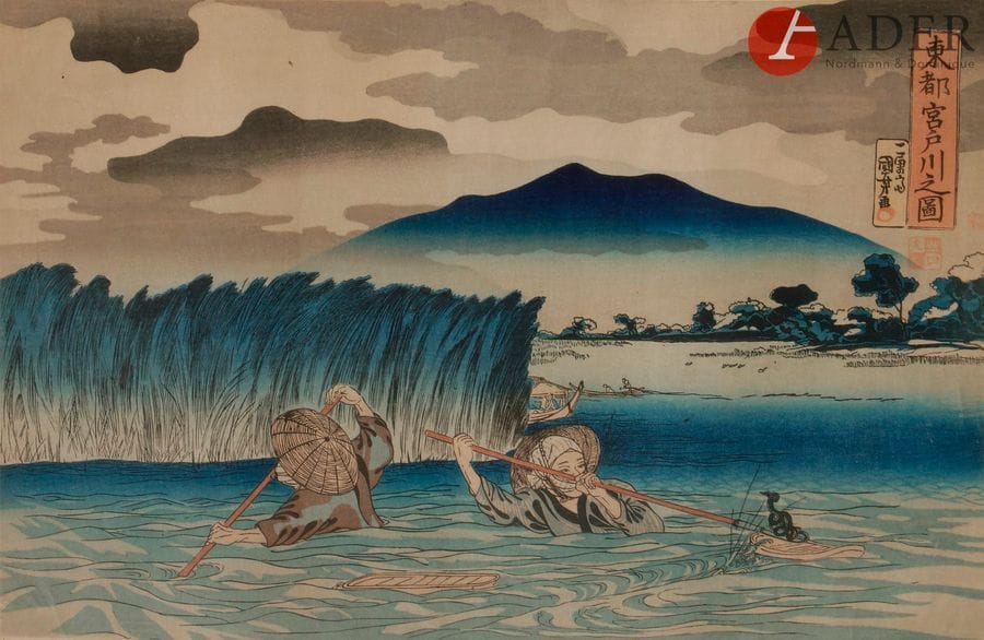 Utagawa Kuniyoshi (1813 - 1833) 
Oban yoko-e de la série Tôto Miyatogawa no zu, vue de la rivière Miyatogawa dans la Capitale de l’Est, pêcheurs marchant dans les eaux. Retirage.
Dim. : 24,2 x 36 cm ; encadrées sous verre.

Provenance : 
Vente Ader Picard Tajan le 28 et 29 novembre 1988.