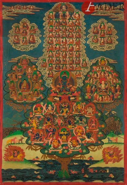 TIBET - XXe siècle
Tangka, détrempe sur toile, à décor central du bouddha Vajradhara bleu assis en padmasana sur le lotus devant la mandorle, les mains en vajrahumkara, surmonté et entouré des nuages parsemés de lama, et en partie inférieure, de divinités en furie, bouddha et lama, formant l’arbre de vie.
Dim. : 82 x 53 cm