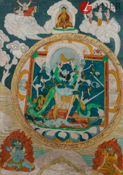 TIBET - XXe siècle
Tangka, détrempe sur toile, Hevajra à quatre têtes et douze bras en yab yum avec sa satki, surmonté du bouddha Akshobya, à décor de divinités en furie en partie inférieure. Encadré sous verre.
Dim. à vue : 44,2 x 31 cm