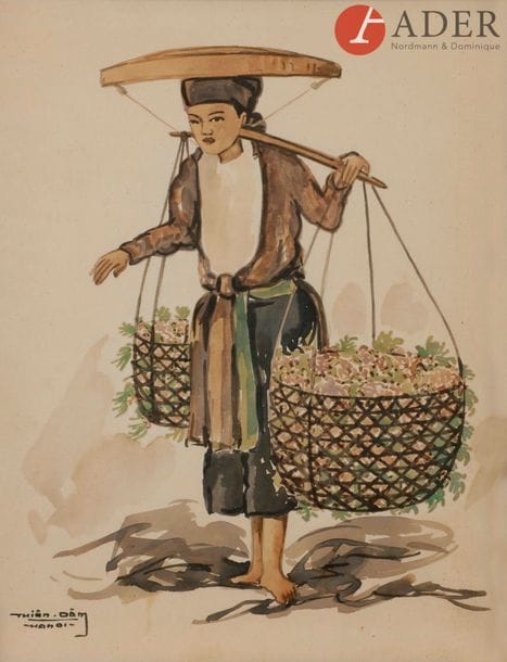 THIEN DANG (XXe siècle)
Deux encres sur papier, personnage avec charrette et porteuse debout.
Dim. : 31 x 23,5 cm ; encadrées sous verre.