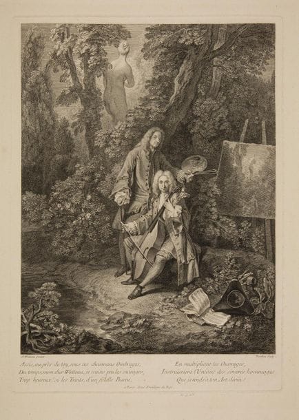 Jean-Antoine Watteau (1684-1721) (d’après) 
 Assis, auprès de toy, sous ces charmants Ombrages…. » (Antoine Watteau et son ami M. de Jullienne jouant de la basse de viole dans un bocage). Gravé par Tardieu. 309 x 427. Dacier et Vuaflart 3. Très belle épreuve. Quelques rousseurs et plis de manipulation. Toutes marges.