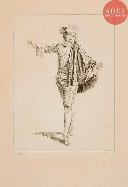 Jean-Antoine Watteau (1684-1721) (d’après) 
 Études pour la « Finette » et « l’Indifférent ». (Pl. 54 et 102 des Figures de différents caractères). Gravé à l’eau-forte par B. Audran et Boucher. 180 x 250. Goncourt 406 et 468. Très belles épreuves du 1er état (sur 2), avant les fonds. Quelques rares rousseurs. Toutes marges. Ens. 2 p.