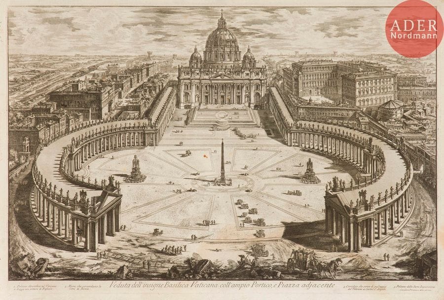 Giambattista Piranesi (1720-1778) 
 [Basilique et place Saint-Pierre]. Sujets divers. 1748-1775. Eau-forte. Chaque env. [760 x 530]. Hind 3 (v/vii), 4 (iv/vi), 5 (v/vii), 101 (i/iii), 102 (ii/iii), 120 (i/iii). Belles ou bonnes épreuves sur vergé. Pli de séchage vertical médian. Trous de reliure au bord gauche, parfois avec traces de colle. Petits accidents et taches divers. Large auréole claire d’humidité dans la partie inférieure des feuillets. Bonnes marges. 1er tirage parisien. Ens. 6 p.