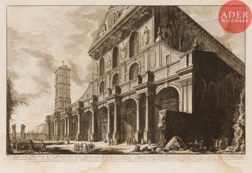 Giambattista Piranesi (1720-1778) 
 [Basilique Saint-Paul hors les murs]. Veduta della Basilica di S. Paolo fuor delle mura… 1748. Eau-forte. 620 x 405. Hind 6 (iv/vi). Belle épreuve sur vergé, les mentions en bas à gauche effacées dans la tablette, avant les numéros. Pli de séchage vertical médian. Trous de reliure au bord gauche. Large auréole d’humidité dans la partie inférieure du feuillet. Toutes marges. Tirage romain.