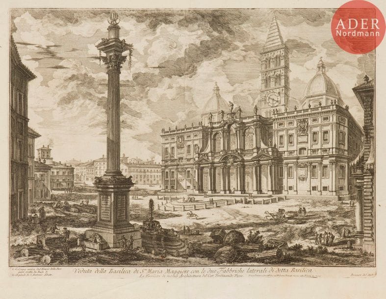 Giambattista Piranesi (1720-1778) 
 [Basilique de Sainte-Marie Majeure et colonne de Constantin]. Veduta della Basilica di Sta Maria Maggiore… 1749. Eau-forte. 544 x 399. Hind 9 (iv/vi). Belle épreuve sur vergé, le prix effacé mais avant le numéro 15. Pli de séchage vertical médian. Trous de reliure au bord gauche, avec petits arrachements. Long pli oblique, courtes déchirures et petites taches dans la marge inférieure. Toutes marges. 1er tirage parisien.
