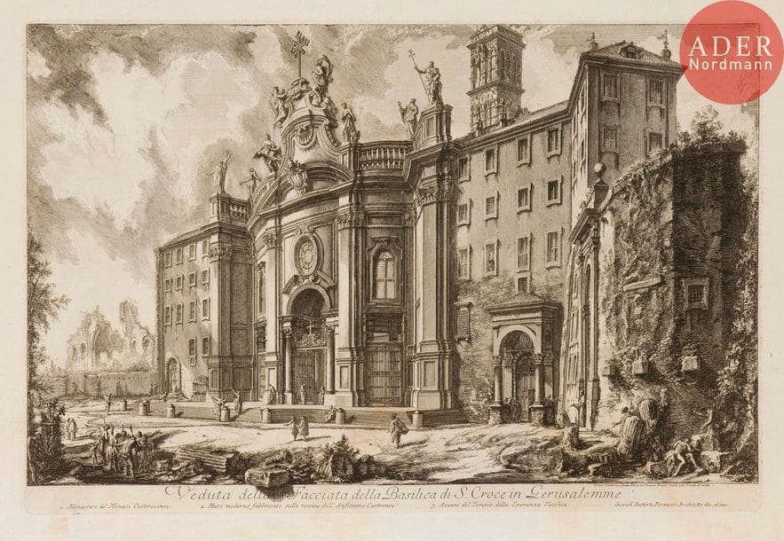 Giambattista Piranesi (1720-1778) 
 [Basilique de la Sainte Croix en Jérusalem]. Veduta della Facciata della Basilica di S. Croce… 1750. Eau-forte. 615 x 405. Hind 11 (iv/vi). Belle épreuve sur vergé, le prix effacé mais avant le numéro 18. Pli de séchage vertical médian à peine perceptible. Trous de reliure au bord gauche, avec petits arrachements. Large auréole claire d’humidité dans la partie inférieure du feuillet. Courtes déchirures en tête. Toutes marges. 1er tirage parisien.