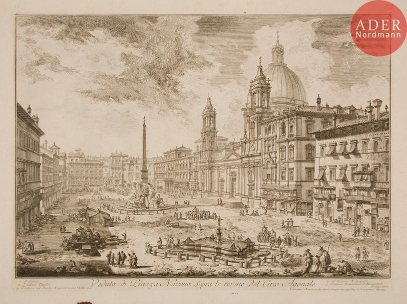 Giambattista Piranesi (1720-1778) 
 [Piazza Navona]. Veduta di Piazza Navona sopra le rovine del Circo Agonale. 1751. Eau-forte. 541 x 407. Hind 16 (iii/vi). Très belle épreuve à l’adresse de Bouchard et Gravier mais avant la mention « autore… » et le prix. Pli de séchage vertical médian normal. Large tache d’encre sépia en pied de la marge inférieure. Un petite rousseur au-dessus du trait carré supérieur. Toutes marges. Tirage romain.