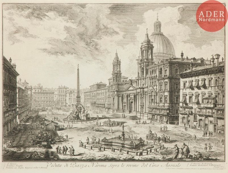 Giambattista Piranesi (1720-1778) 
 [Piazza Navona]. Veduta di Piazza Navona sopra le rovine del Circo Agonale. 1751. Eau-forte. 541 x 407. Hind 16 (iv/vi). Très belle épreuve avec la mention « autore… » et le prix. Marges. Tirage romain. Cadre.