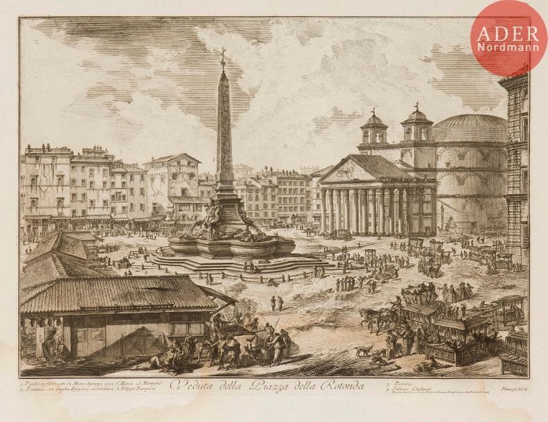 Giambattista Piranesi (1720-1778) 
 [Place de la Rotonde]. Veduta della Piazza della Rotonda. 1751. Eau-forte. 550 x 406. Hind 17 (v/vii). Belle épreuve sur vergé, le prix effacé, avant le numéro 27. Pli de séchage vertical médian. Trous de reliure au bord gauche. Large auréole claire d’humidité dans la partie inférieure du feuillet. Toutes marges. 1er tirage parisien.