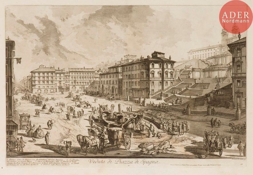 Giambattista Piranesi (1720-1778) 
 [Place d’Espagne]. Veduta di Piazza di Spagna. 1750. Eau-forte. 600 x 405. Hind 18 (vi/viii). Belle épreuve sur vergé, avec les numéros 23 et IV. Pli de séchage vertical médian. Trous de reliure au bord gauche avec courtes déchirures associées. Large auréole claire d’humidité dans la partie inférieure du feuillet. Toutes marges. 1er tirage parisien.