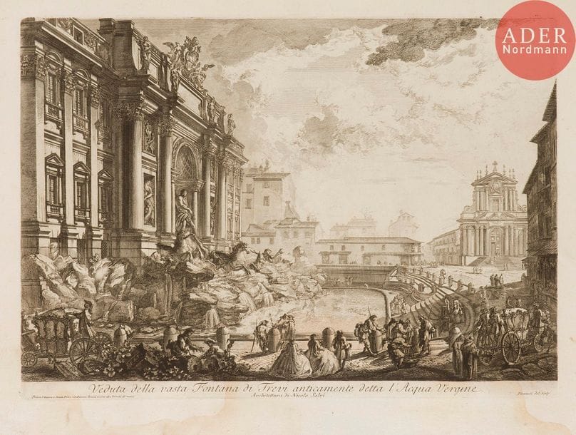 Giambattista Piranesi (1720-1778) 
 [Fontaine de Trevi]. Veduta della vasta Fontana di Trevi… 1751. Eau-forte. 550 x 426. Hind 19 (v/vii). Belle épreuve sur vergé, le prix effacé, avant le numéro 33. Pli de séchage vertical médian. Double long pli oblique en travers du sujet. Trous de reliure au bord gauche avec courtes déchirures associées. Autre courte déchirure en pied. Large auréole claire d’humidité dans la partie inférieure du feuillet et petites taches. Toutes marges. 1er tirage parisien. 