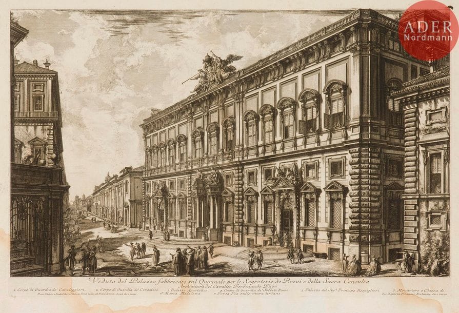 Giambattista Piranesi (1720-1778) 
 [Palais de la Consulta – actuelle Cour Constitutionnelle]. Veduta del Palazzo fabbricato sul Quirinale… 1729 ou 1749. Eau-forte. 615 x 405. Hind 22 (iii/vi). Belle épreuve sur vergé, avant effaçage du numéro. Pli de séchage vertical médian (avec petite fracture en tête, anciennement consolidée au verso). Trous de reliure au bord gauche. Large auréole claire d’humidité dans la partie inférieure du feuillet. Petite taches d’encre brune sur le coup de planche supérieur à l’angle. Toutes marges. Tirage romain.