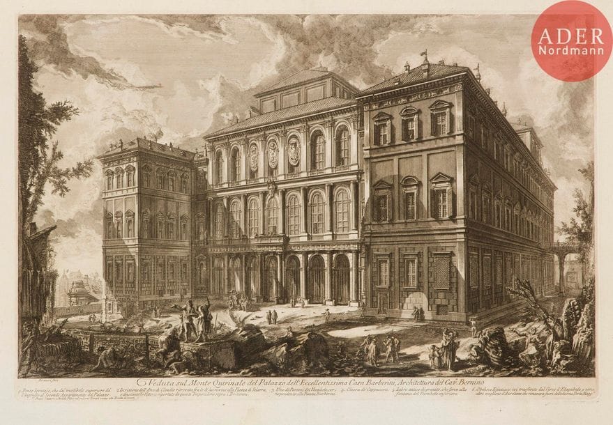 Giambattista Piranesi (1720-1778) 
 [Palais Barberini]. Veduta sul Monte Quirinale del Palazzo dell’ Excellentissima Casa Barberini… 1749. Eau-forte. 615 x 400. Hind 25 (iii/v). Très belle épreuve sur vergé, le prix effacé, avant le numéro. Pli de séchage vertical médian. Trous de reliure au bord gauche. Toutes marges. 1er tirage parisien.