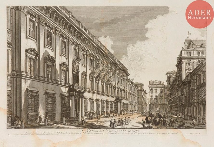 Giambattista Piranesi (1720-1778) 
 [Palais Odescalchi]. Palazzo Odescalchi. 1753. Eau-forte. 615 x 405. Hind 26 (ii/v). Belle épreuve sur vergé, avant effaçage du prix. Pli de séchage vertical médian. Trous de reliure au bord gauche. Larges auréoles claires d’humidité dans la partie inférieure du feuillet et en marge droite. Fracture dans l’angle inférieur gauche, anciennement restaurée au verso. Toutes marges. Tirage romain.