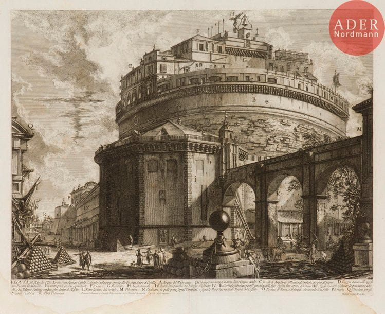 Giambattista Piranesi (1720-1778) 
 [Château Saint-Ange]. Veduta del Mausoleo d’Elio Adriano… Eau-forte. 560 x 438. Hind 30 (i/iv). Belle épreuve sur vergé, avant effaçage du prix. Pli de séchage vertical médian. Trous de reliure au bord gauche. Courtes déchirures en pied. Large auréole claire d’humidité dans la partie inférieure du feuillet et dans l’angle supérieur droit. Toutes marges. Tirage romain.