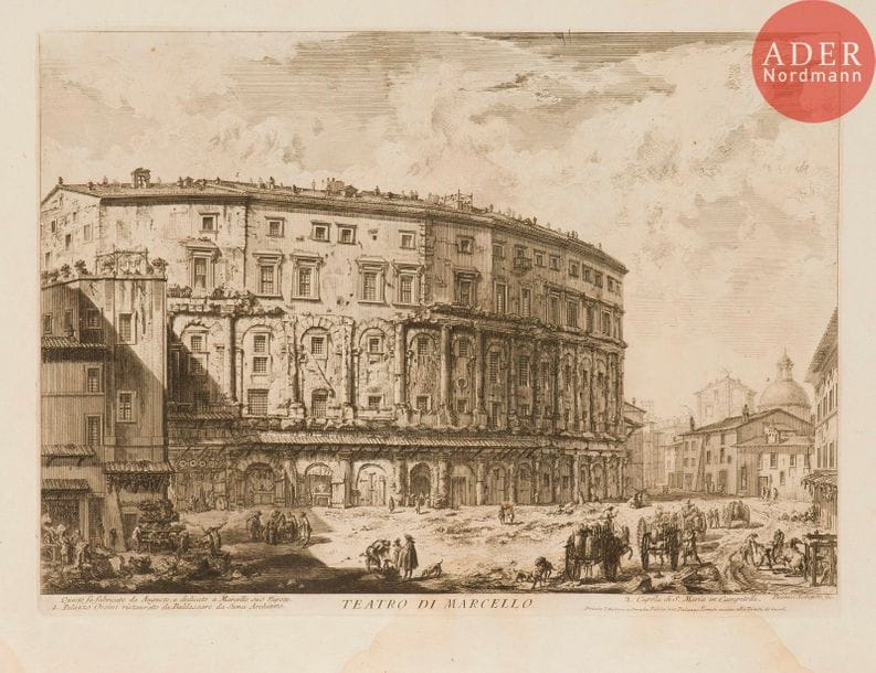 Giambattista Piranesi (1720-1778) 
 [Théâtre de Marcellus]. Teatro di Marcello. 1757. Eau-forte. 545 x 400. Hind 33 (v/vii). Belle épreuve sur vergé, le prix effacé, avant le numéro 34. Pli de séchage vertical médian. Trous de reliure au bord gauche avec petites déchirures associées. Courte déchirure au bord droit. Large auréole claire d’humidité dans la partie inférieure du feuillet et petite auréole en tête. Toutes marges. 1er tirage parisien.