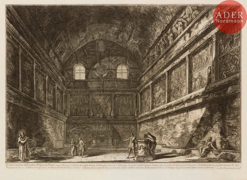 Giambattista Piranesi (1720-1778) 
 [Mausolée de Santa Costanza]. Veduta interna del Sepolcro di S. Costanza… 1756. Eau-forte. 550 x 415. Hind 37 (iv/vi). Belle épreuve sur vergé, le prix effacé, avec les numéros 3 et 21. Pli de séchage vertical médian. Trous de reliure au bord gauche avec petites déchirures associées. Courtes déchirures aux bords du feuillet. Large auréole claire d’humidité dans la partie inférieure du feuillet. Menus accidents. Toutes marges. 1er tirage parisien. Joint : [Église Saint-Urbain]. Veduta interna dell’ antico Tempio di Bacco… 1767. Eau-forte. 605 x 425. Hind 48 (iii/v). Belle épreuve sur vergé, le prix effacé, avant le numéro. Mêmes condition et tirage. Ens. 2 p.