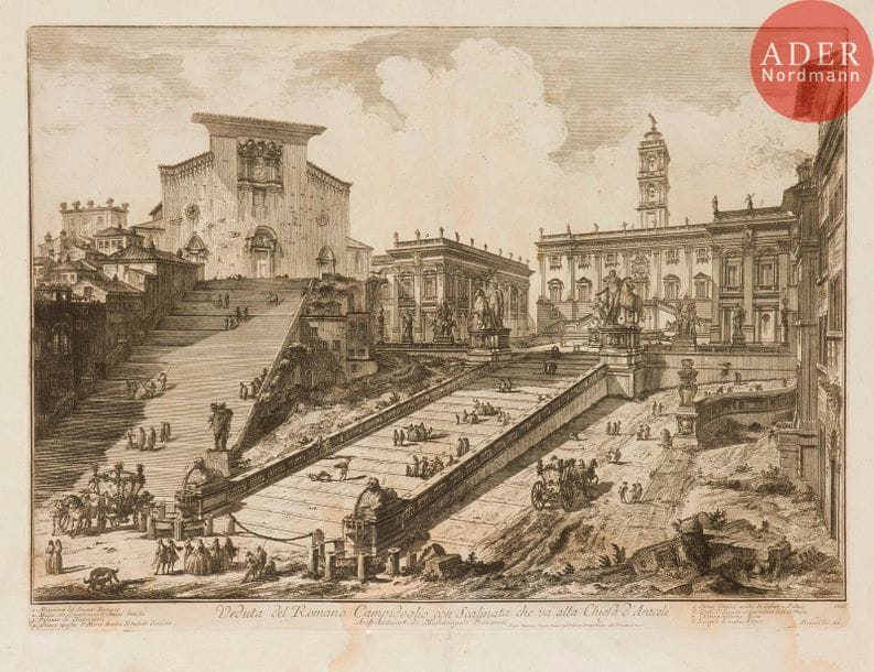 Giambattista Piranesi (1720-1778) 
 [Capitole]. Veduta del Romano Campidoglio con Scalinata… 1757. Eau-forte. 545 x 403. Hind 38 (iii/v). Belle épreuve sur vergé, le prix effacé, avec les numéros 15 III. Pli de séchage vertical médian. Trous de reliure au bord gauche. Courtes déchirures aux bords du feuillet. Large auréole claire d’humidité dans la partie inférieure du feuillet. Petite tache à droite. Toutes marges. 1er tirage parisien.