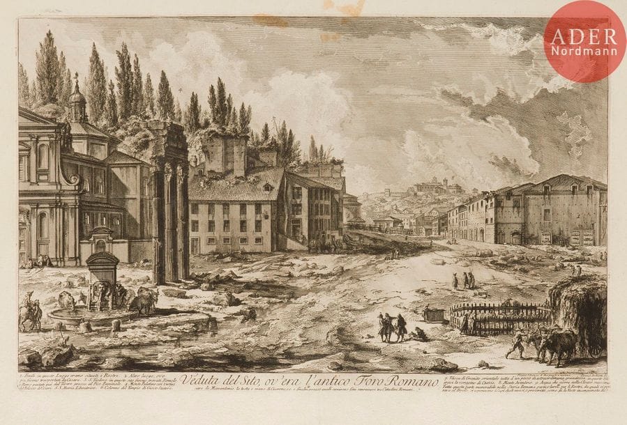 Giambattista Piranesi (1720-1778) 
 [Forum romain]. Veduta del Sito, ov’era l’antico Foro Romano. 1756. Eau-forte. 588 x 377. Hind 41 (iv/vii). Belle épreuve sur vergé, avant effaçage du prix. Pli de séchage vertical médian. Trous de reliure au bord gauche. Taches rousses en tête, affectant le sujet. Déchirures au bord droit. Toutes marges. Tirage romain.