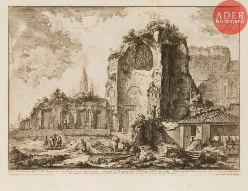 Giambattista Piranesi (1720-1778) 
 [Temple de Vénus et de Rome]. Veduta degli Avanzi di due Triclini… 1759. Eau-forte. 555 x 410. Hind 50 (iv/vi). Très belle épreuve sur vergé, avec le 2e titre, le prix effacé, avec le numéro 19. Pli de séchage vertical médian. Trous de reliure au bord gauche. Rousseurs claires. Toutes marges. 1er tirage parisien.