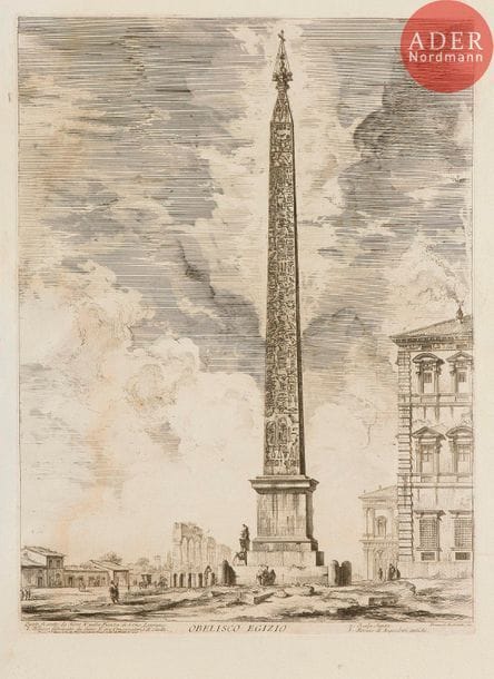 Giambattista Piranesi (1720-1778) 
 [Obélisque, place Saint-Jean de Latran]. Obelisco Egizio. 1759. Eau-forte. 404 x 543. Hind 53 (iii/v). Très belle épreuve sur vergé fort, le prix effacé, avant le numéro. Pli de séchage horizontal médian. Trous de reliure en tête le long du bord du feuillet. Toutes marges. 1er tirage parisien.
