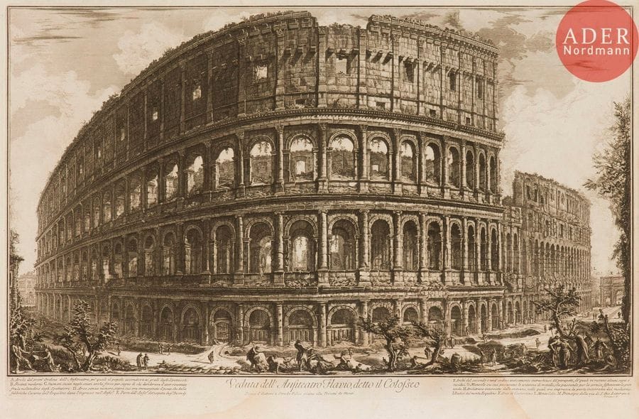 Giambattista Piranesi (1720-1778) 
 [Colisée]. Veduta dell’ Anfiteatro Flavio, detto il Colosseo. 1757. Eau-forte. 705 x 443. Hind 57 (ii/iv). Belle épreuve sur vergé, le prix effacé, avant le numéro. Pli de séchage vertical médian. Trous de reliure au bord gauche. Large auréole claire d’humidité dans la partie inférieure du feuillet. Bonnes marges (celle de droite étroite). 1er tirage parisien.