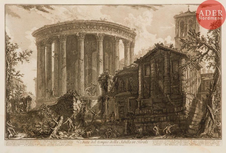 Giambattista Piranesi (1720-1778) 
 [Temple de la Sibylle, Tivoli]. Veduta del tempio della Sibilla in Tivoli. 1761. Eau-forte. 638 x 422. Hind 61 (iii/v). Belle épreuve sur vergé, avec les numéros 30 I. Pli de séchage vertical médian. Trous de reliure au bord gauche. Large auréole claire d’humidité dans la partie inférieure du feuillet. Bonnes marges. 1er tirage parisien.