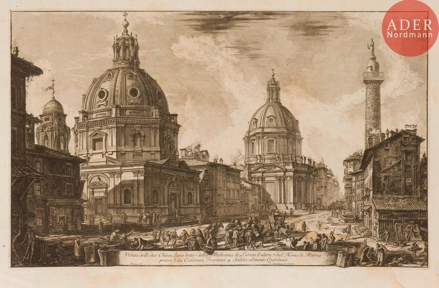 Giambattista Piranesi (1720-1778) 
 [Églises de S. Maria di Loretto et du Saint-Nom de Marie]. Veduta delle due Chiese… 1762. Eau-forte. 685 x 425. Hind 66 (ii/iv). Belle épreuve sur vergé, le prix effacé, avant le numéro 30. Pli de séchage vertical médian (fracturé en pied et renforcé au verso). Trous de reliure au bord gauche. Large auréole claire d’humidité dans la partie inférieure du feuillet. Bonnes marges. 1er tirage parisien.