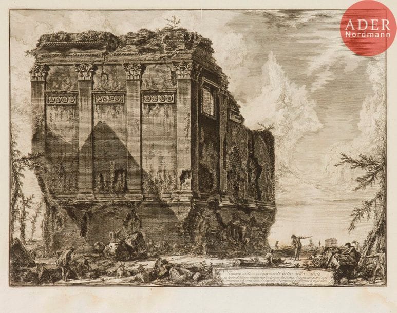 Giambattista Piranesi (1720-1778) 
 [Temple de la Santé]. Tempio antico volgarmente detto della Salute… 1763. Eau-forte. 555 x 410. Hind 71 (ii/iv). Belle épreuve sur vergé, avant le numéro 65. Pli de séchage vertical médian et pli de tirage ouvert en tête, pénétrant de 20 mm dans le sujet. Trous de reliure au bord gauche, avec petits arrachements. Large auréole claire d’humidité dans la partie inférieure du feuillet. Toutes marges. 1er tirage parisien.