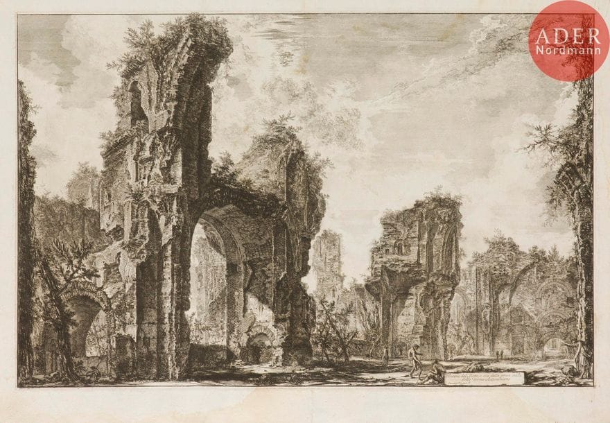 Giambattista Piranesi (1720-1778) 
 [Thermes de Caracalla]. Rovine del Sisto… 1765. Eau-forte. 655 x 430. Hind 77 (ii/iv). Belle épreuve sur vergé, avant le numéro 37. Pli de séchage vertical médian. Trous de reliure au bord gauche, avec petits arrachements. Large auréole claire d’humidité dans la partie inférieure du feuillet. Fortes salissures au verso. Toutes marges. 1er tirage parisien.