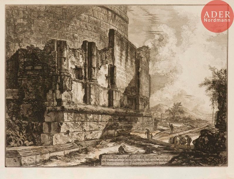 Giambattista Piranesi (1720-1778) 
 [Tombeau des Plautii]. Veduta degl’ avanzi del sepolcro della famiglia Plauzia… 1765-1769. Eau-forte. Hind 83 (i/iii). Belle épreuve sur vergé. Pli de séchage vertical médian. Trous de reliure au bord gauche. Petits arrachements dans l’angle inférieur droit et déchirures en tête du feuillet. Large auréole claire d’humidité dans la partie inférieure du feuillet. Toutes marges. 1er tirage parisien.