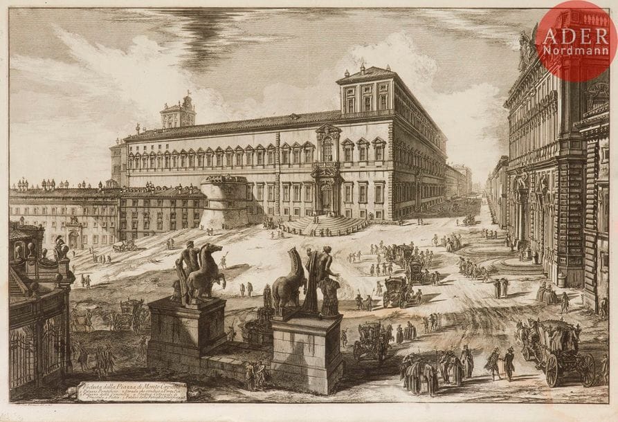 Giambattista Piranesi (1720-1778) 
 [Place du Quirinal]. Veduta della Piazza di Monte Cavallo. 1750. Eau-forte. 710 x 475. Hind 103 (i/iv). Belle épreuve sur vergé, avant les numéros. Pli de séchage vertical médian. Trous de reliure au bord gauche avec petits arrachements. Large auréole claire d’humidité dans la partie inférieure du feuillet. Bonnes marges. Tirage romain.