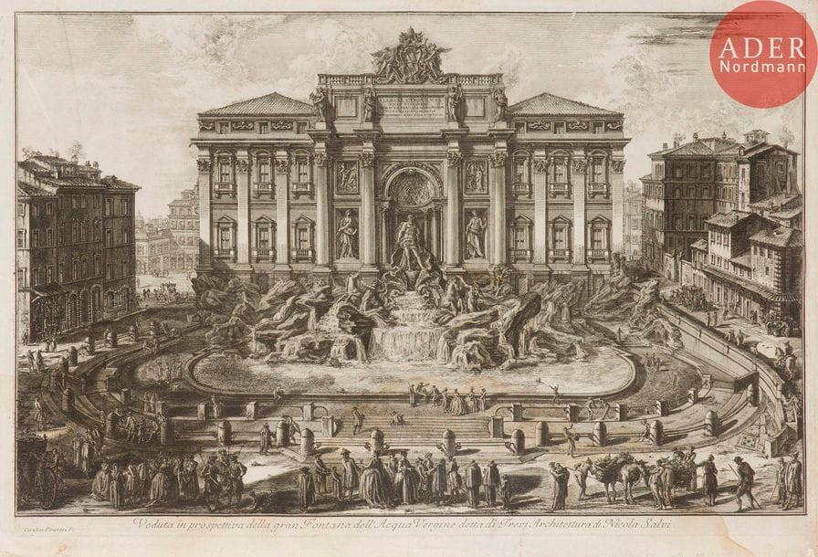 Giambattista Piranesi (1720-1778) 
 [Fontaine de Trevi]. Veduta in prospettiva della gran Fontana dell’ Acqua Vergine detta di Trevi… 1773. Eau-forte. 710 x 465. Hind 104 (i/iii). Bonne épreuve sur vergé, avant les numéros. Pli de séchage vertical médian. Trous de reliure au bord gauche avec courtes déchirures associées. Autre déchirure en pied, pénétrant dans la tablette. Large auréole claire d’humidité dans la partie inférieure du feuillet et petites taches. Divers accrocs et petits accidents en surface. Bonnes marges. 1er tirage parisien.