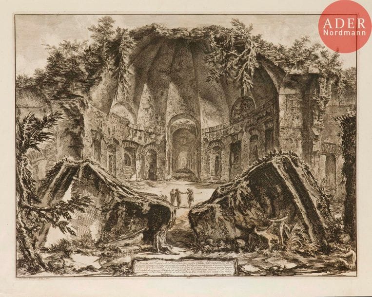 Giambattista Piranesi (1720-1778) 
 [Villa Hadriana : temple de Canope]. Avanzi del Tempio de Dio Canopo nella Villa Adriana… 1768. Eau-forte. 585 x 455. Hind 90 (ii/iv). Belle épreuve sur vergé, avant le numéro 66. Trous de reliure au bord gauche. Courte déchirure en tête. Large auréole claire d’humidité dans la partie inférieure du feuillet. Toutes marges. 1er tirage parisien.