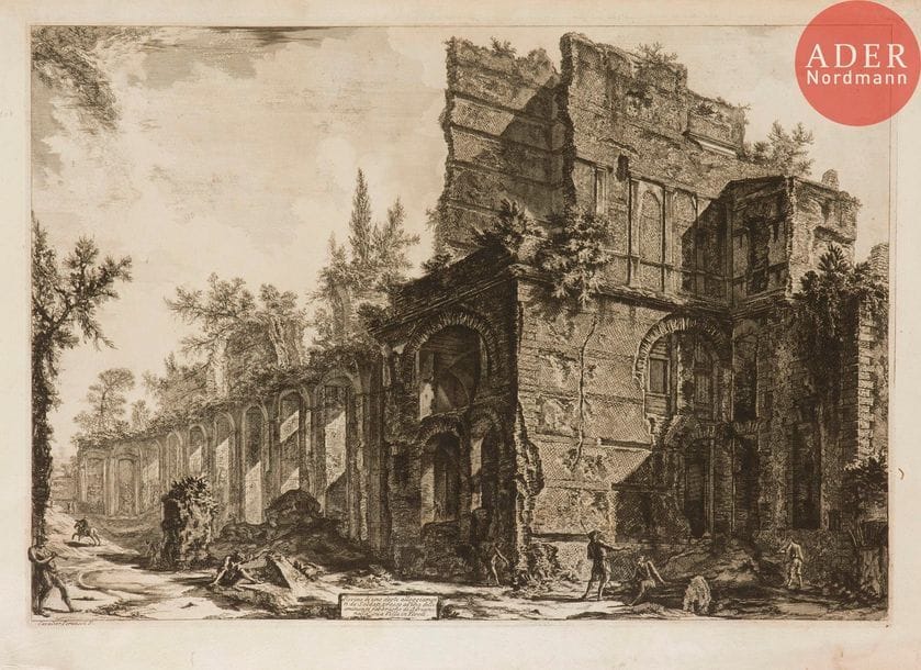 Giambattista Piranesi (1720-1778) 
[Villa Hadriana : logements de soldats]. Rovine di uno degli allogiamenti de’ Soldati… 1774. Eau-forte. 642 x 250. Hind 113 (i/iii). Belle épreuve sur vergé, avant les numéros. Pli de séchage vertical médian. Trous de reliure au bord gauche. Courtes déchirures, petits manques et long pli cassé en pied. Petite galerie de vers en marge droite. Petite auréole claire d’humidité dans la partie inférieure du feuillet. Toutes marges. 1er tirage parisien.
