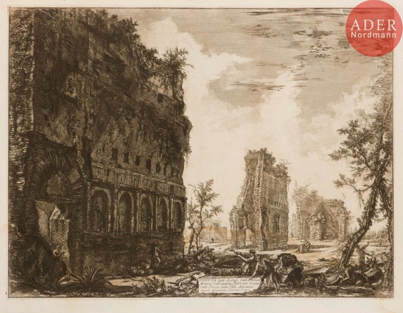 Giambattista Piranesi (1720-1778) 
 [Villa Hadriana : place d’Or]. Veduta degli Avanzi della Circonferenza delle antiche Fabbriche… 1776. Eau-forte. 615 x 470. Hind 132 (i/iv). Belle épreuve sur vergé, avant les numéros. Pli de séchage vertical médian. Trous de reliure au bord gauche. Petit arrachement en surface dans le sujet sous le trait carré supérieur. Large auréole claire d’humidité dans la partie inférieure du feuillet. Toutes marges. Tirage romain.