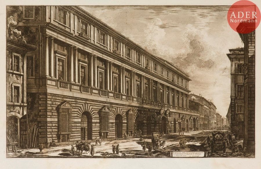 Giambattista Piranesi (1720-1778) 
 [Palais Vidoni – anciennement Stopani]. Veduta del palazzo Stopani. 1776. Eau-forte. 670 x 415. Hind 128 (i/iii). Belle épreuve sur vergé, avant le numéro 41. Pli de séchage vertical médian. Trous de reliure au bord gauche. Long pli oblique en pied. Large auréole claire d’humidité dans la partie inférieure du feuillet. Toutes marges. 1er tirage parisien.