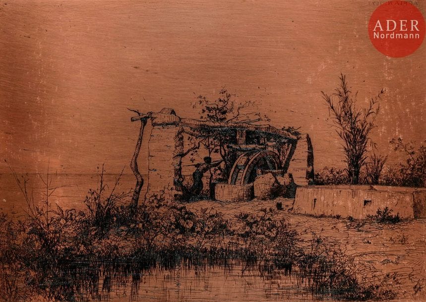 Adolphe Appian (1818-1898) 
 Une noria à Bordiquier (Italie). 1873. Cuivre gravé à l’eau-forte, biseauté, les angles arrondis. 295 x 208. Curtis et Prouté 37.
