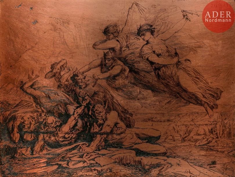 François Chifflart (1825-1901)
La Justice, la Vengeance et la Vérité. Cuivre gravé à l’eau-forte. 320 x 240. Sueur 8. Signé en haut à droite. Biffé par une ligne horizontale fortement mordue. Au verso : sujet gravé à l’eau-forte, à la pointe sèche et à l’aquatinte par Georges Dayez (1907-1991), Femmes cousant.
