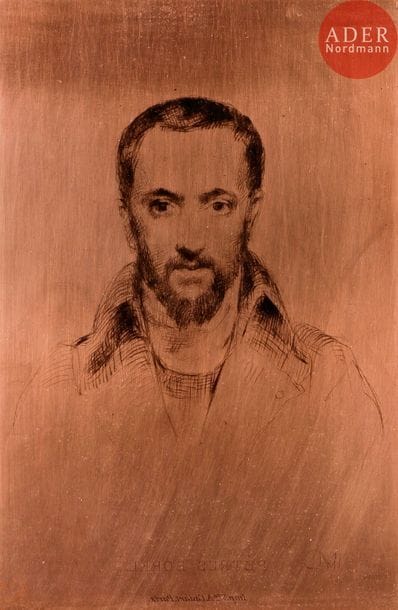 Marcellin Desboutin (1823-1902) 
Petrus Borel. 1878. Cuivre gravé à la pointe sèche, légèrement biseauté, les angles arrondis. 80 x 122. Clément-Janin 17. Monogrammé et titré en pied, avec l’adresse de la Veuve Cadart.