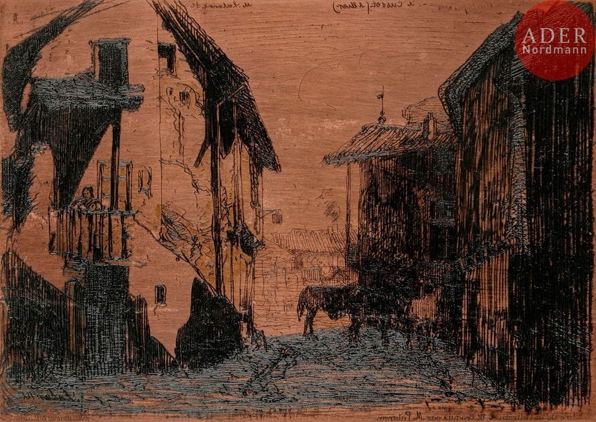 Maxime Lalanne (1827-1886) 
À Cusset (Allier). (Pl. de la série des Douze Croquis à l’eau-forte, Cadart et Luce éd). 1869. Cuivre gravé à l’eau-forte, biseauté, les angles arrondis. 136 x 97. I.F.F. 21-7. Signé et titré le long du bord supérieur. Marque de planeur au verso (Caron, 47 rue des Vieux-Augustins).
