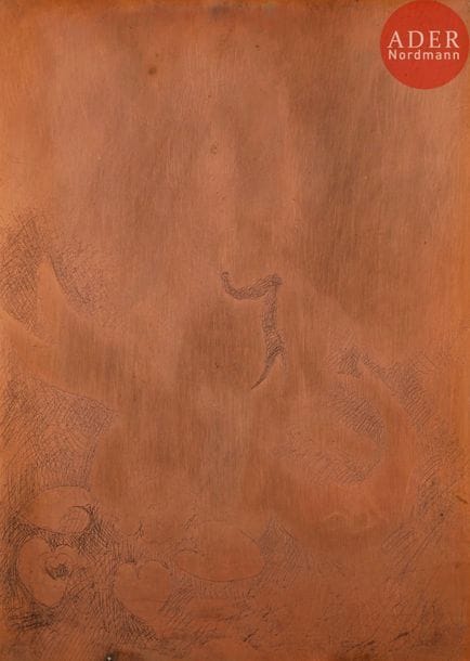Marie Laurencin (1883-1956) 
La Sirène aux nénuphars. (Pl. 6 pour Le Nouveau langage des fleurs, Paris, éd. de l’Étoile, 1925). Deux cuivres, l’un gravé à l’eau-forte, l’autre du même sujet en héliogravure, biseautés, les angles arrondis. 152 x 212. Marchesseau 85. Joint : 5 très belles épreuves sur différents papiers, dont deux des rares 1er et 2e état (sur 3), avant de nouveaux travaux, et une contre-épreuve reprise aux crayons de couleurs, certaines justifiées, toutes signées au crayon. Trace claire d’oxydation à une pl. Pli de tirage à une autre. Restes de colle aux bords du feuillet au verso à une pl. Toutes marges. Tirage définitif à 33 épreuves. Timbre H.-M. Petiet (Lugt 5031) à une pl.