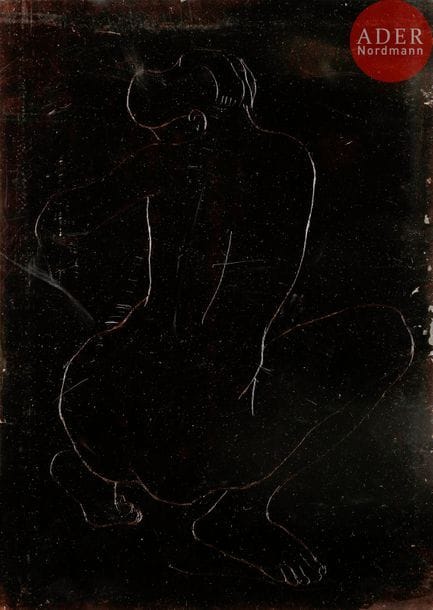 Aristide Maillol (1861-1944) 
 Femme accroupie de dos. Octobre 1926. Cuivre gravé à l’eau-forte, aciéré et verni. 168 x 240. Guérin 322. Joint : 3 très belles épreuves sur différents papiers, signées du monogramme au crayon, 2 justifiées ou numérotées. Toutes marges. Tirage définitif à 75 épreuves. Timbre sec : H. Petiet éd. Paris (Lugt 2021a).