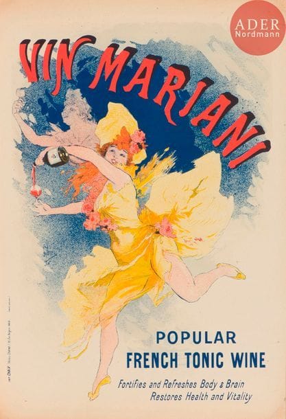 Jules Chéret (1836-1932) 
Vin Mariani / Popular French Tonic Wine… 1894. Lithographie. [412 x 595]. Impression en couleurs. Très belle et fraîche épreuve sur vélin mince, finement entoilée. Petites restaurations à peine perceptibles dans les angles supérieurs. Toutes marges.