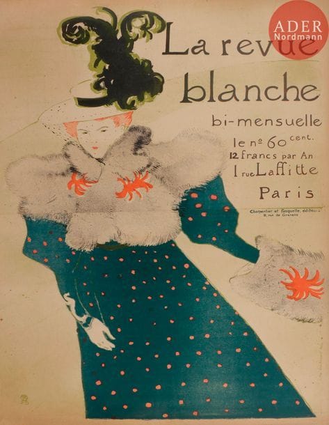 Henri de Toulouse-Lautrec (1864-1901) 
La Revue Blanche. 1895. Affiche. [940 x 1300]. Delteil 355 ; Wittrock P 16 c. Impression en couleurs. Très belle épreuve sur vélin mince, soigneusement doublée sur japon mince et entoilée, avec infimes restaurations en bordure de feuillet (notamment dans l’angle inférieur gauche). Fines déchirures très habilement restaurées en tête et en pied (à peine perceptibles). Toutes marges.
