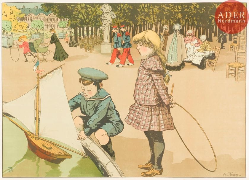 Louis Abel-Truchet (1857-1918) 
Enfants au jardin du Luxembourg. Vers 1895. Lithographie. 850 x 608. Impression en couleurs. Très belle et fraîche épreuve sur vélin glacé. Toutes marges.